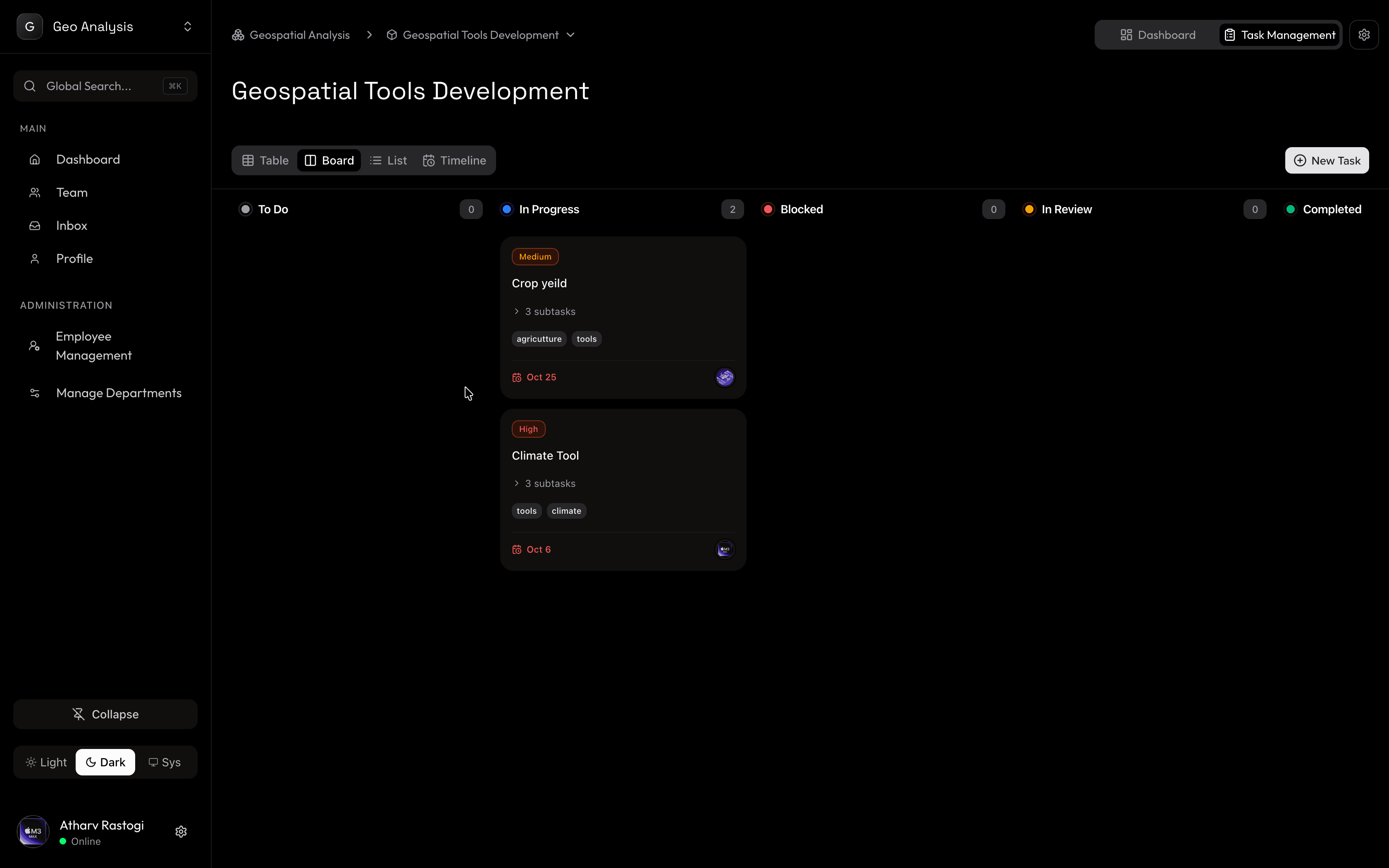 Magnifi kanban board showing student group project tasks with deadlines and team member assignments